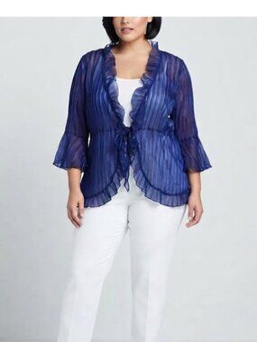 CONTEMPO Sheer Tunic Top Purple Blue Ruffled Front+Back Tie Bell Sleeve Stretchy